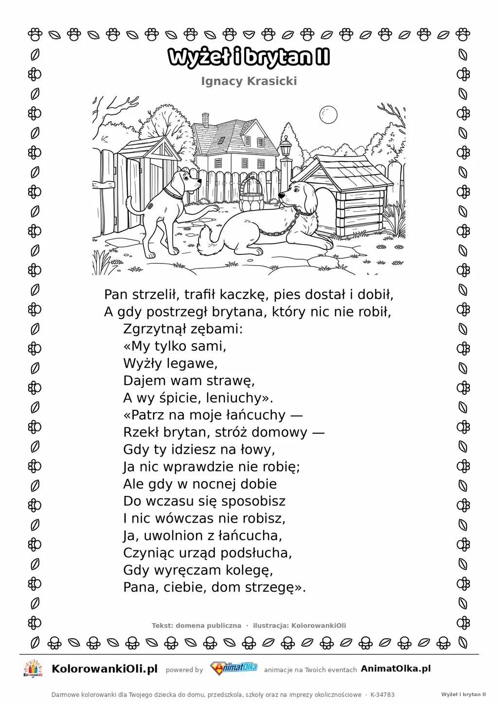 Wyżeł i brytan II (Ignacy Krasicki) — tekst wiersza i ilustracja do kolorowania, karta A4 do druku