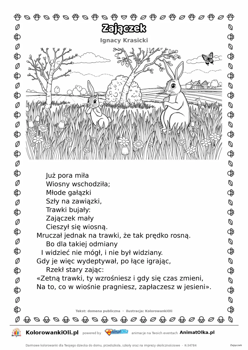 Zajączek (Ignacy Krasicki) — tekst wiersza i ilustracja do kolorowania, karta A4 do druku