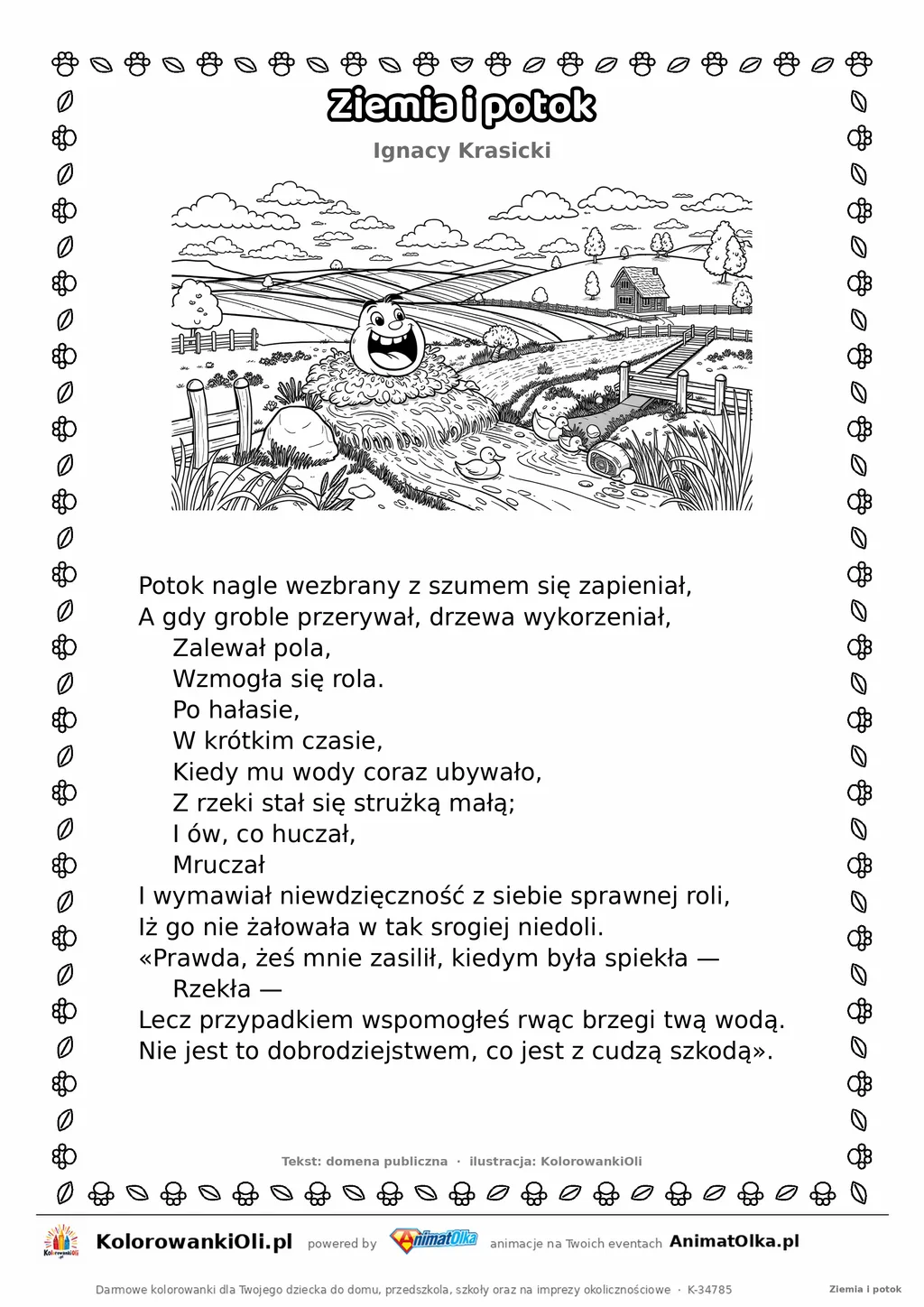 Ziemia i potok (Ignacy Krasicki) — tekst wiersza i ilustracja do kolorowania, karta A4 do druku
