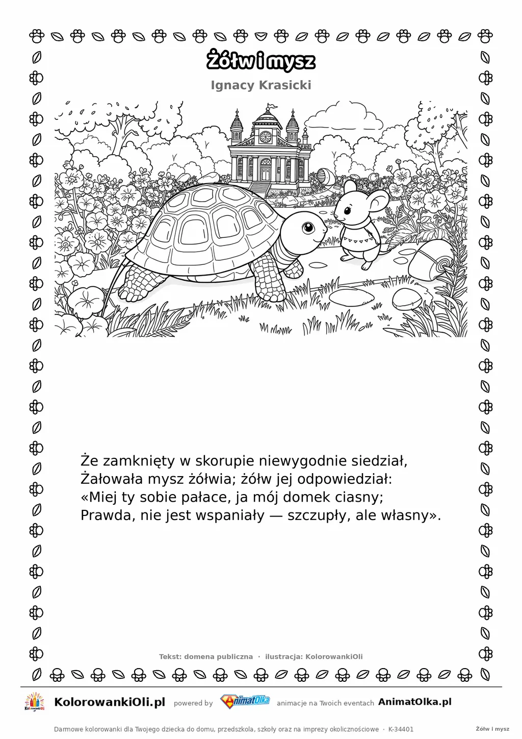 Żółw i mysz (Ignacy Krasicki) — tekst wiersza i ilustracja do kolorowania, karta A4 do druku