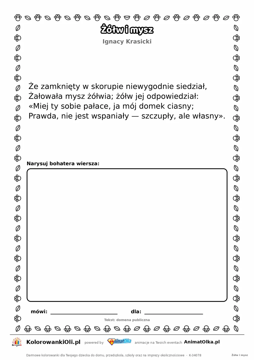 Żółw i mysz (Ignacy Krasicki) — tekst wiersza do druku A4 z ramką do pokolorowania
