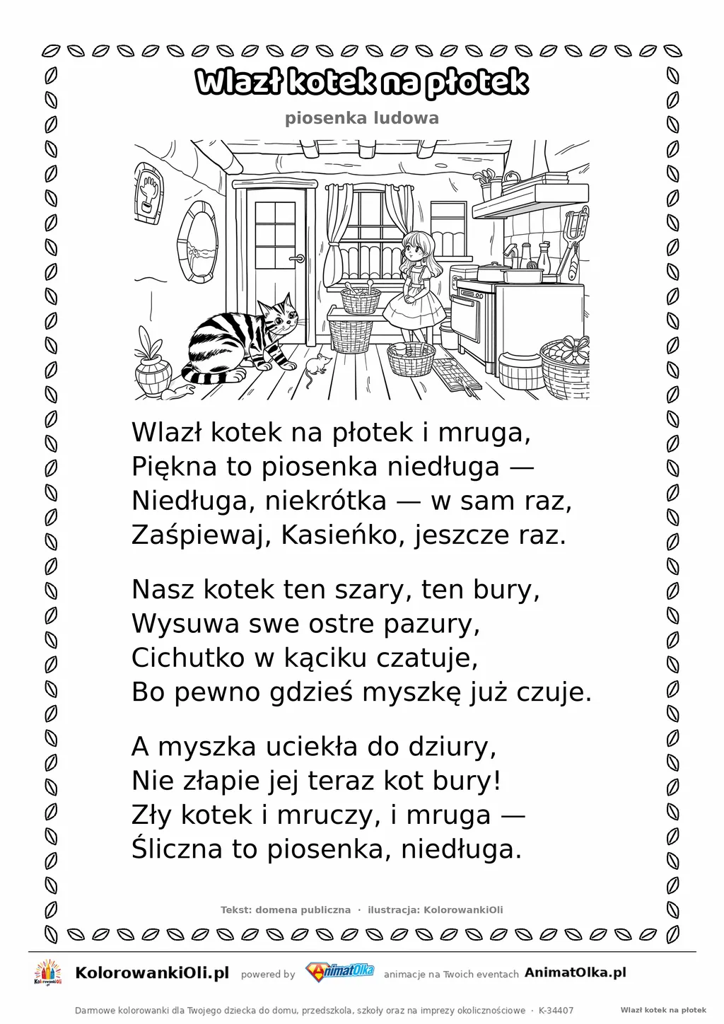 Wlazł kotek na płotek (piosenka ludowa) — tekst wiersza i ilustracja do kolorowania, karta A4 do druku