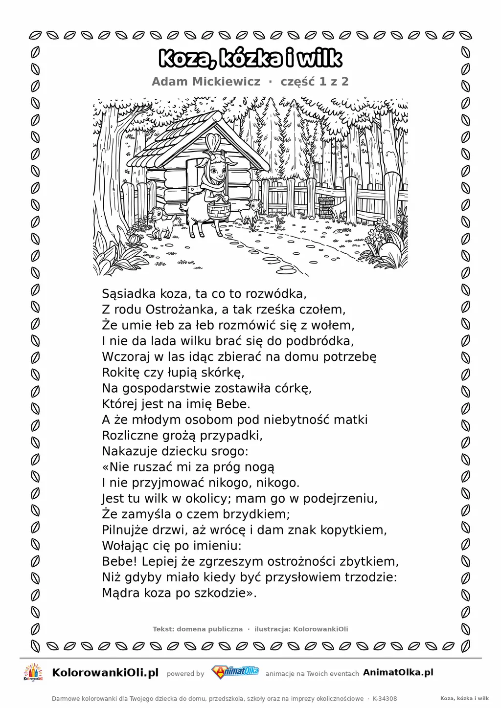 Koza, kózka i wilk (Adam Mickiewicz) — tekst wiersza i ilustracja do kolorowania (część 1 z 2), karta A4 do druku