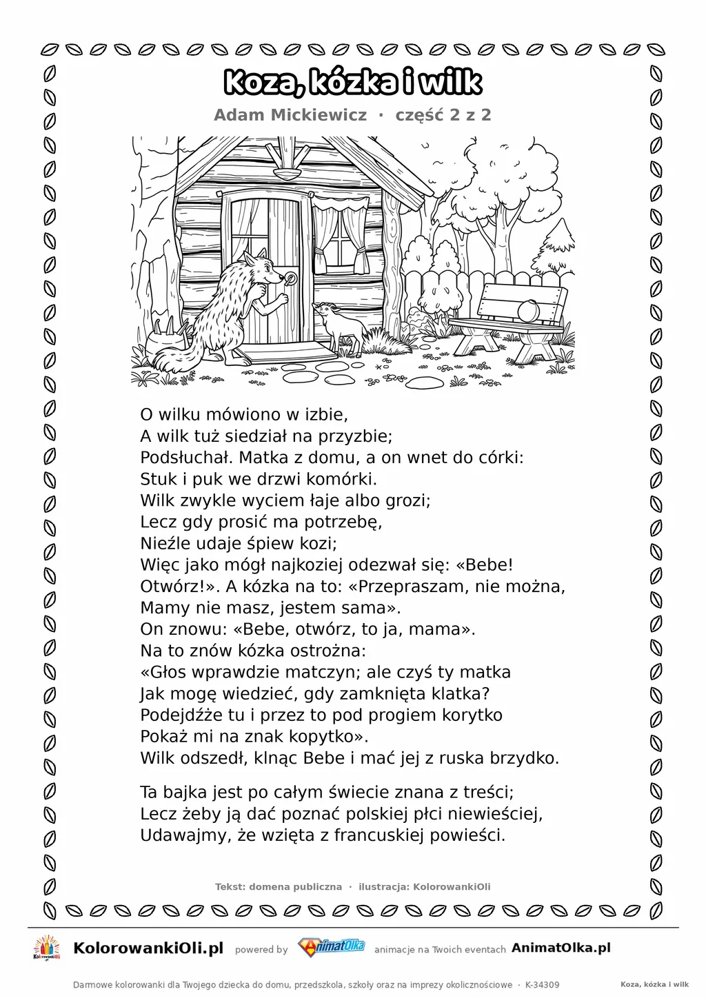 Koza, kózka i wilk (Adam Mickiewicz) — tekst wiersza i ilustracja do kolorowania (część 2 z 2), karta A4 do druku