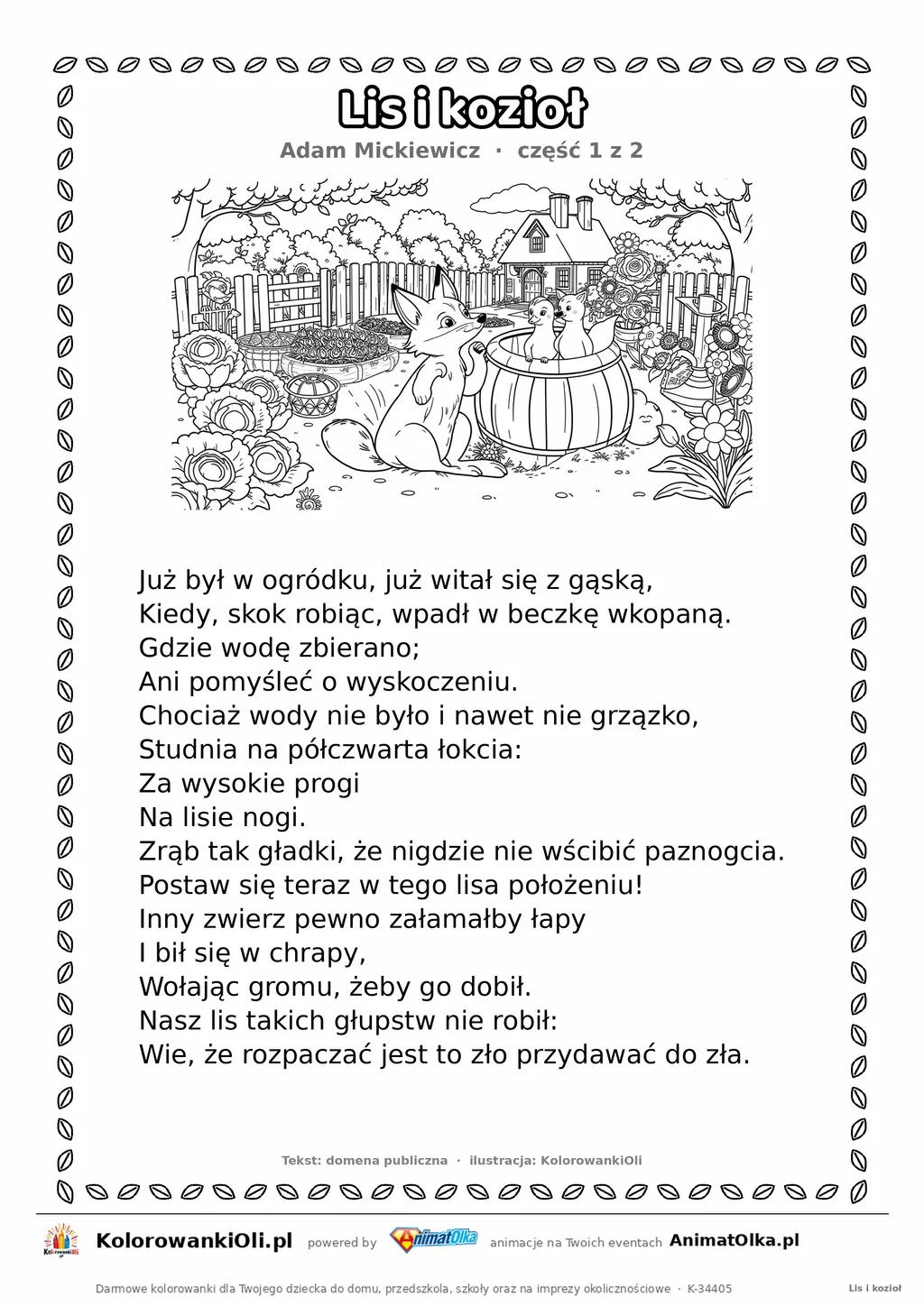 Lis i kozioł (Adam Mickiewicz) — tekst wiersza i ilustracja do kolorowania (część 1 z 2), karta A4 do druku
