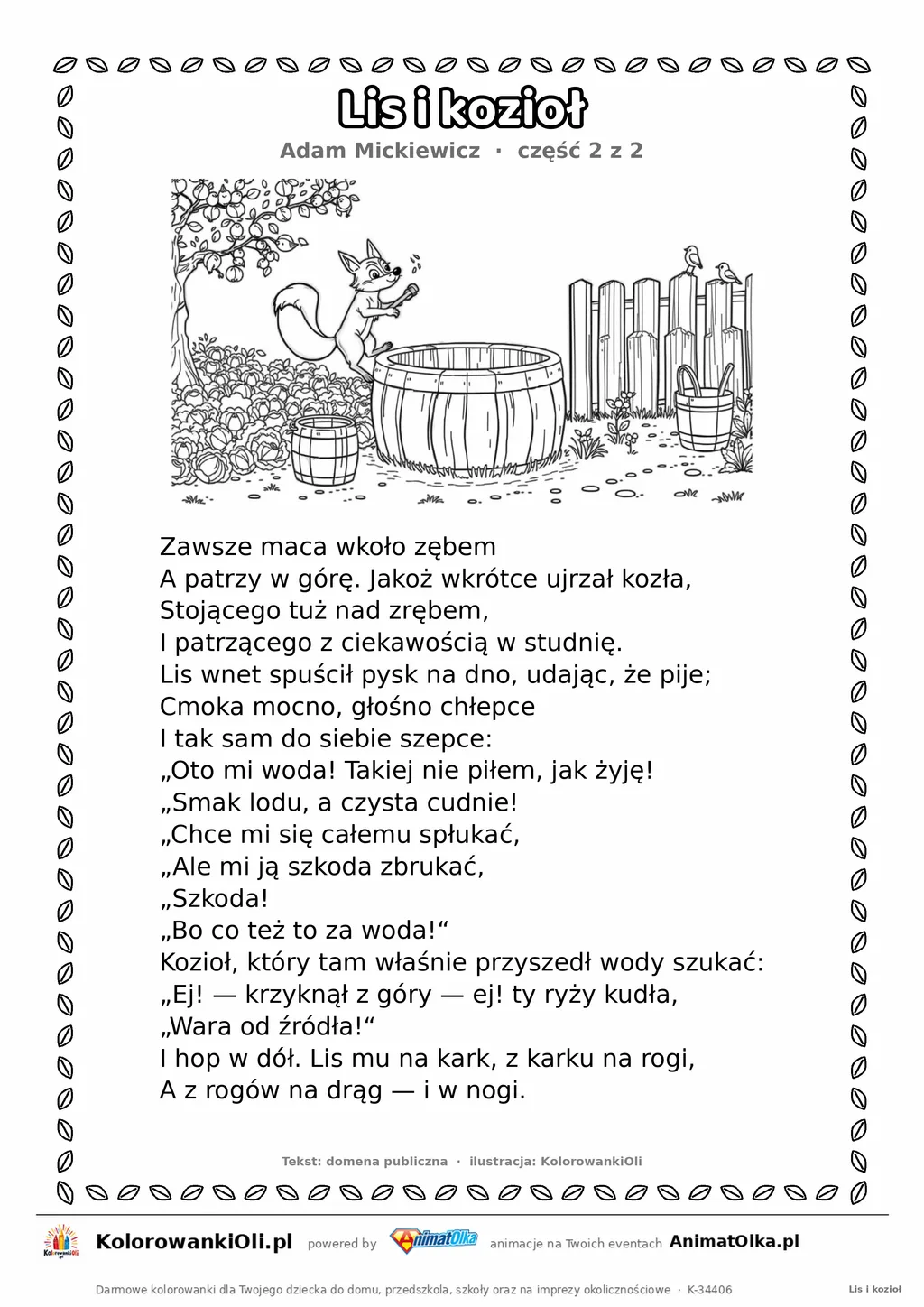 Lis i kozioł (Adam Mickiewicz) — tekst wiersza i ilustracja do kolorowania (część 2 z 2), karta A4 do druku