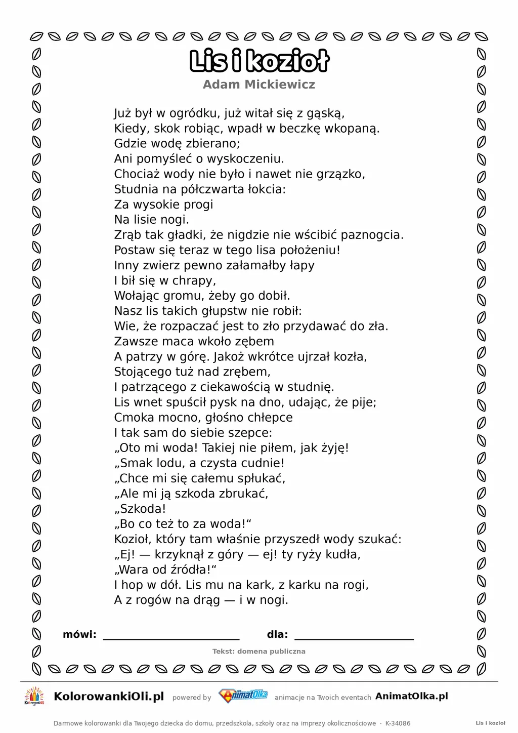 Lis i kozioł (Adam Mickiewicz) — tekst wiersza do druku A4 z ramką do pokolorowania
