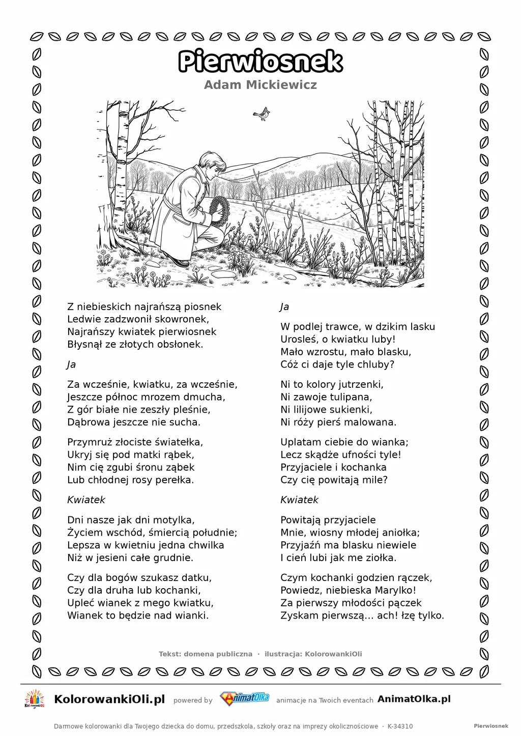 Pierwiosnek (Adam Mickiewicz) — tekst wiersza i ilustracja do kolorowania, karta A4 do druku