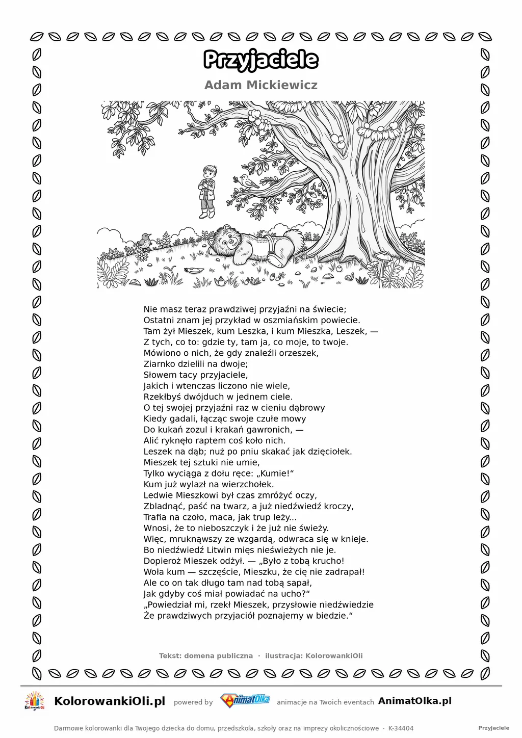 Przyjaciele (Adam Mickiewicz) — tekst wiersza i ilustracja do kolorowania, karta A4 do druku