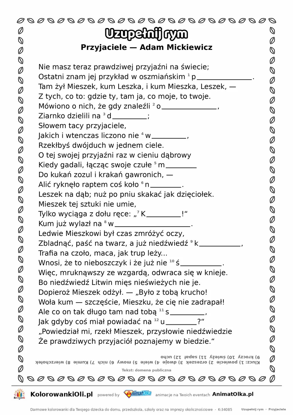 Uzupełnij rym — Przyjaciele (Adam Mickiewicz): karta pracy z lukami w rymach, A4