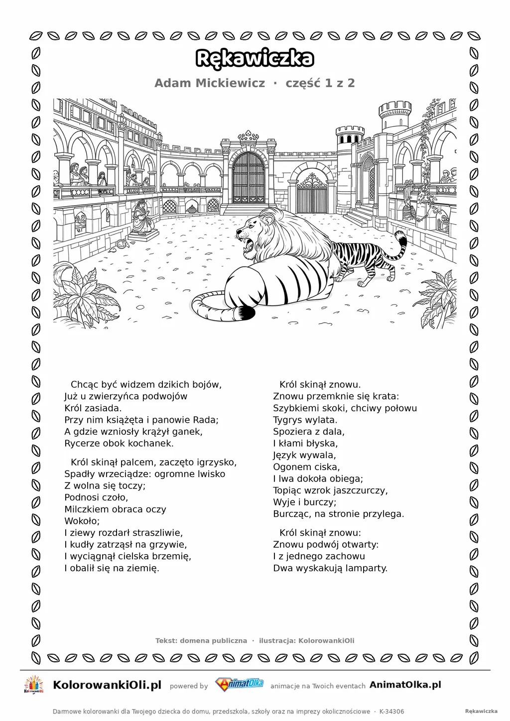 Rękawiczka (Adam Mickiewicz) — tekst wiersza i ilustracja do kolorowania (część 1 z 2), karta A4 do druku
