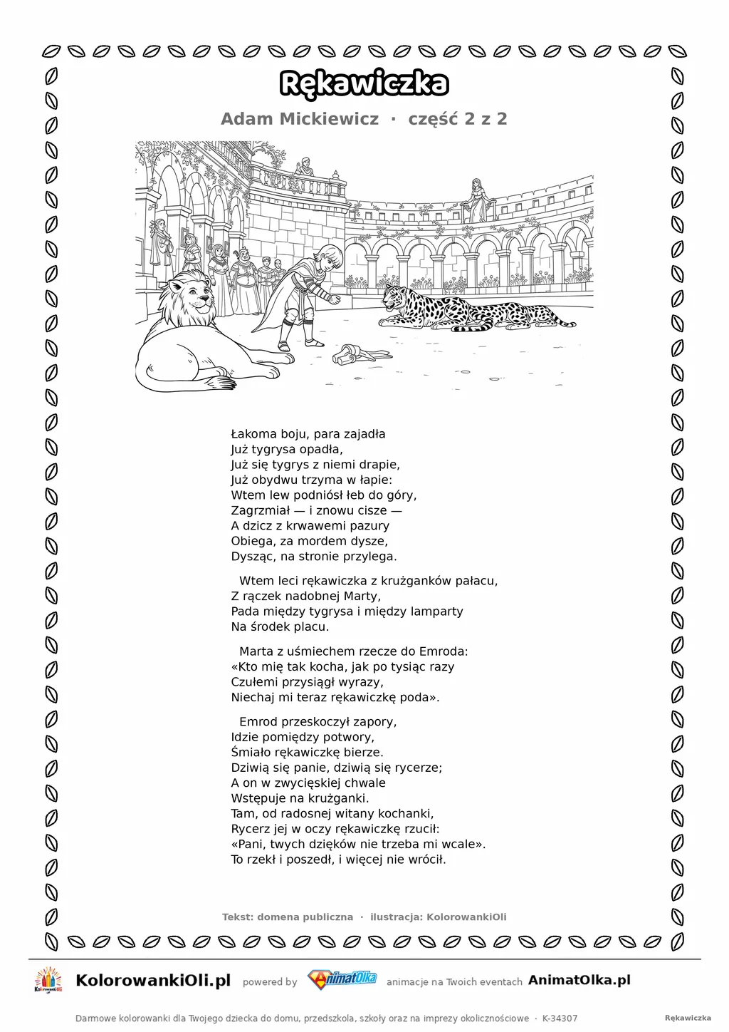 Rękawiczka (Adam Mickiewicz) — tekst wiersza i ilustracja do kolorowania (część 2 z 2), karta A4 do druku