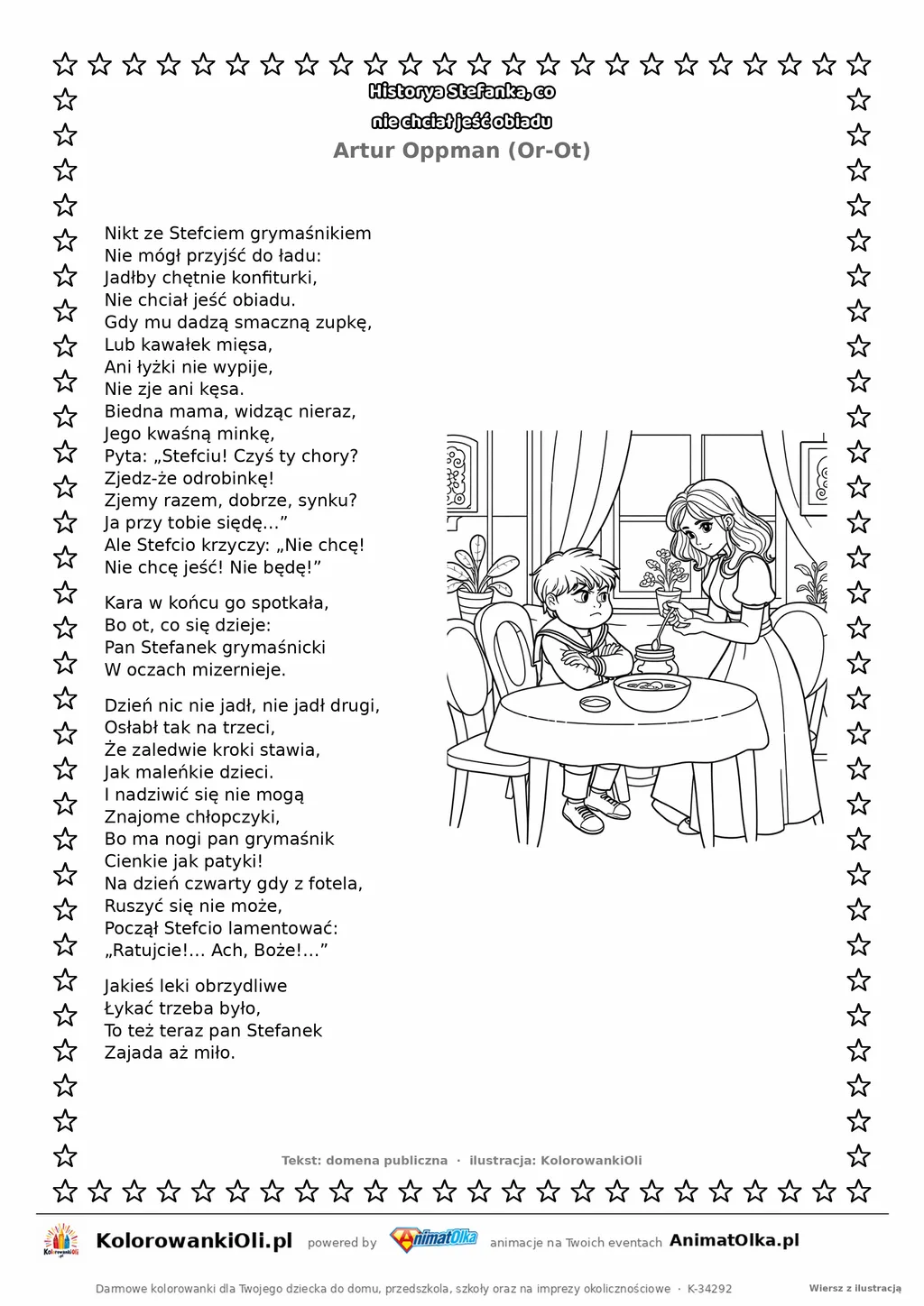 Historya Stefanka, co nie chciał jeść obiadu (Artur Oppman) — tekst wiersza i ilustracja do kolorowania, karta A4 do druku