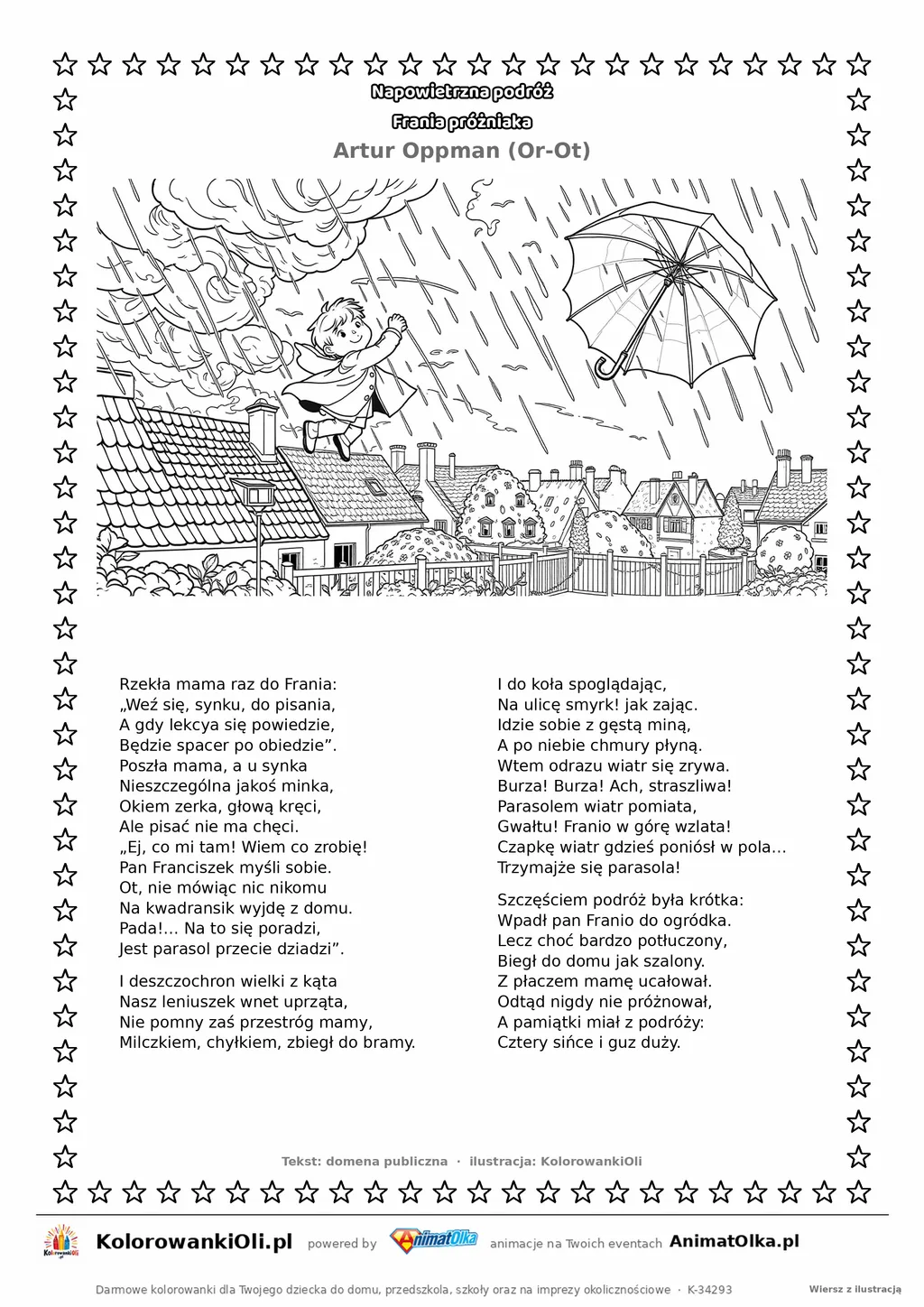 Napowietrzna podróż Frania próżniaka (Artur Oppman) — tekst wiersza i ilustracja do kolorowania, karta A4 do druku