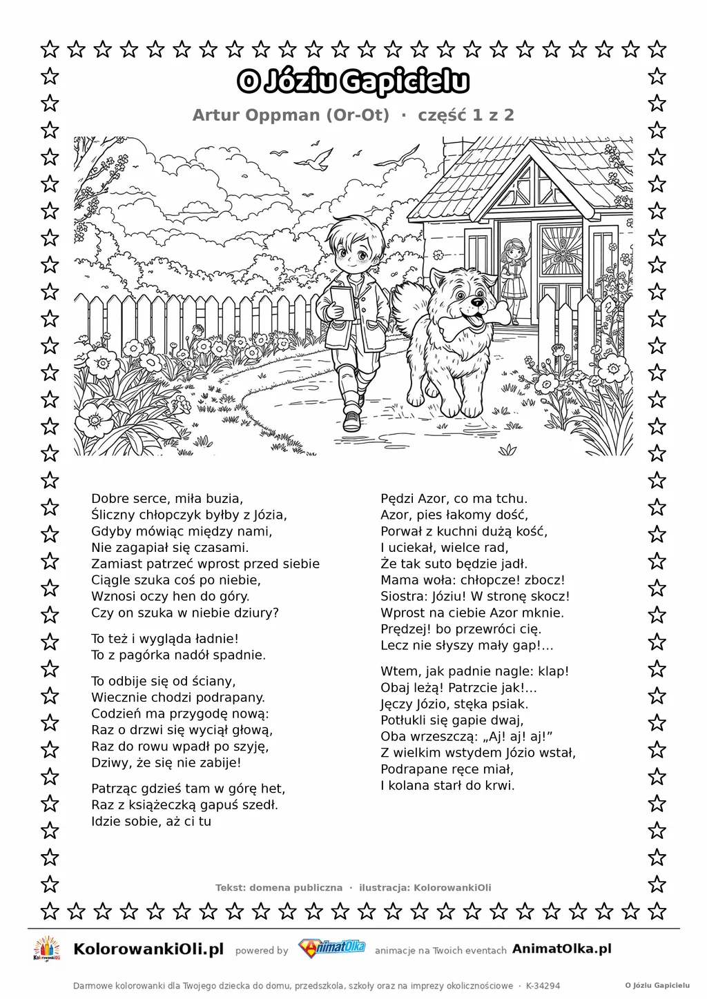 O Józiu Gapicielu (Artur Oppman) — tekst wiersza i ilustracja do kolorowania (część 1 z 2), karta A4 do druku