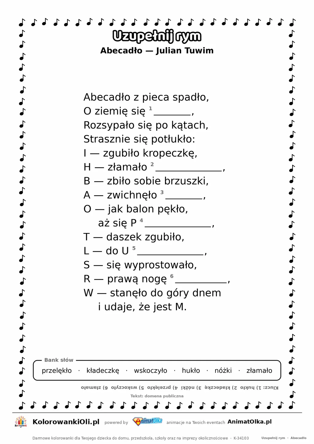 Uzupełnij rym — Abecadło (Julian Tuwim): karta pracy z lukami w rymach, A4