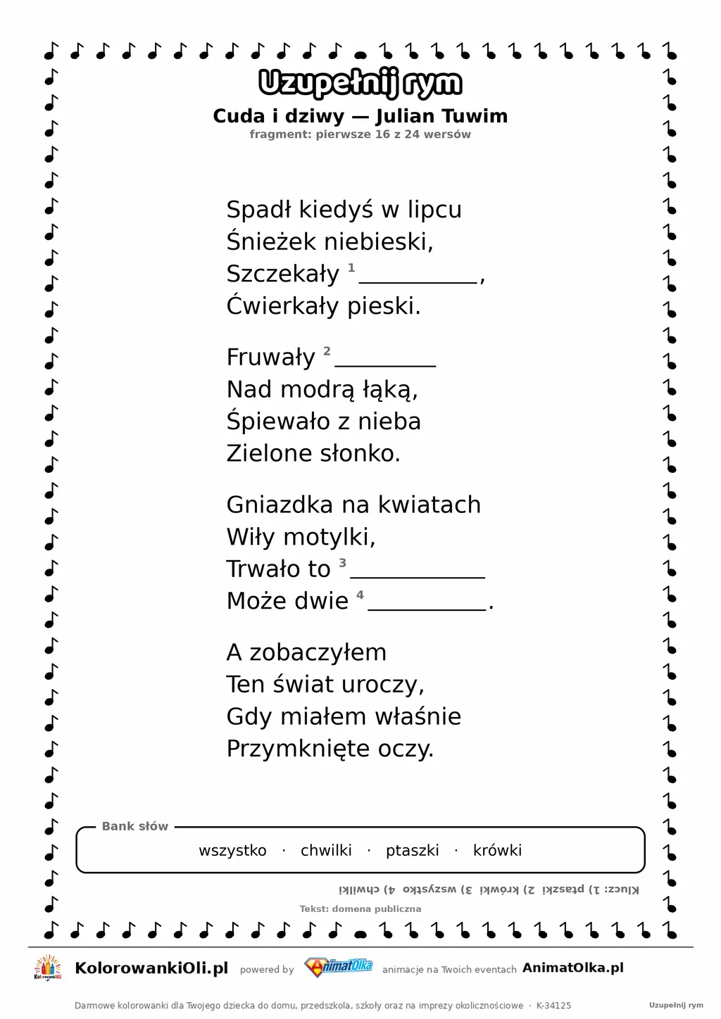 Uzupełnij rym — Cuda i dziwy (Julian Tuwim): karta pracy z lukami w rymach, A4