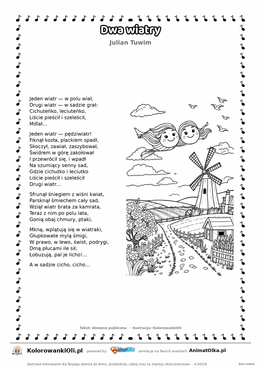 Dwa wiatry (Julian Tuwim) — tekst wiersza i ilustracja do kolorowania, karta A4 do druku