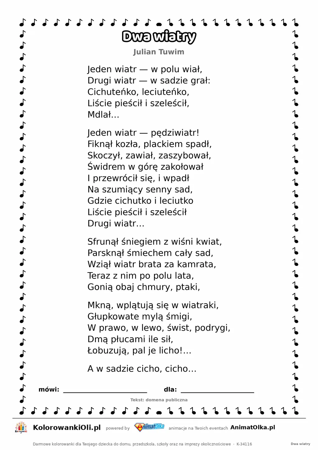 Dwa wiatry (Julian Tuwim) — tekst wiersza do druku A4 z ramką do pokolorowania