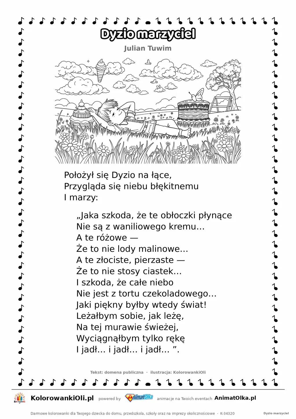 Dyzio marzyciel (Julian Tuwim) — tekst wiersza i ilustracja do kolorowania, karta A4 do druku