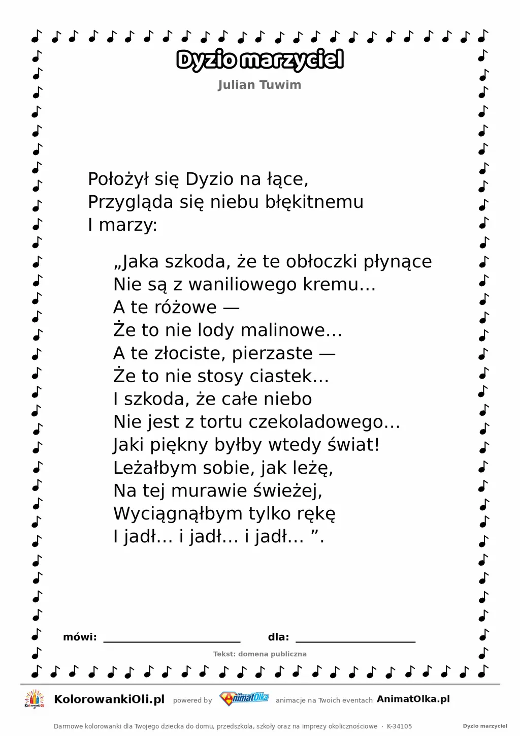 Dyzio marzyciel (Julian Tuwim) — tekst wiersza do druku A4 z ramką do pokolorowania