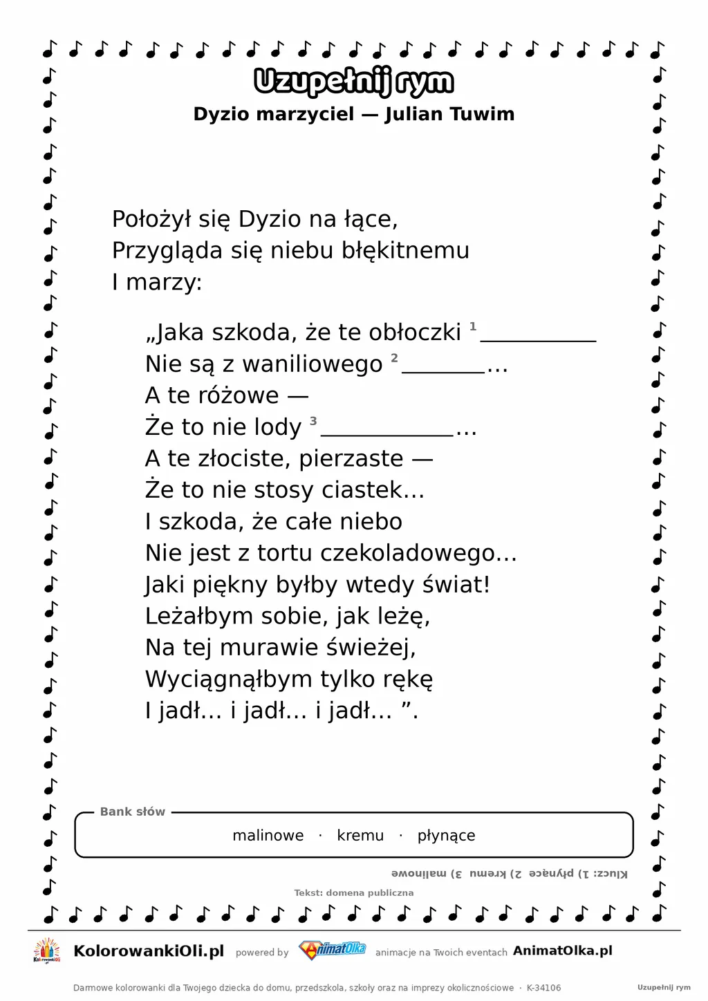 Uzupełnij rym — Dyzio marzyciel (Julian Tuwim): karta pracy z lukami w rymach, A4
