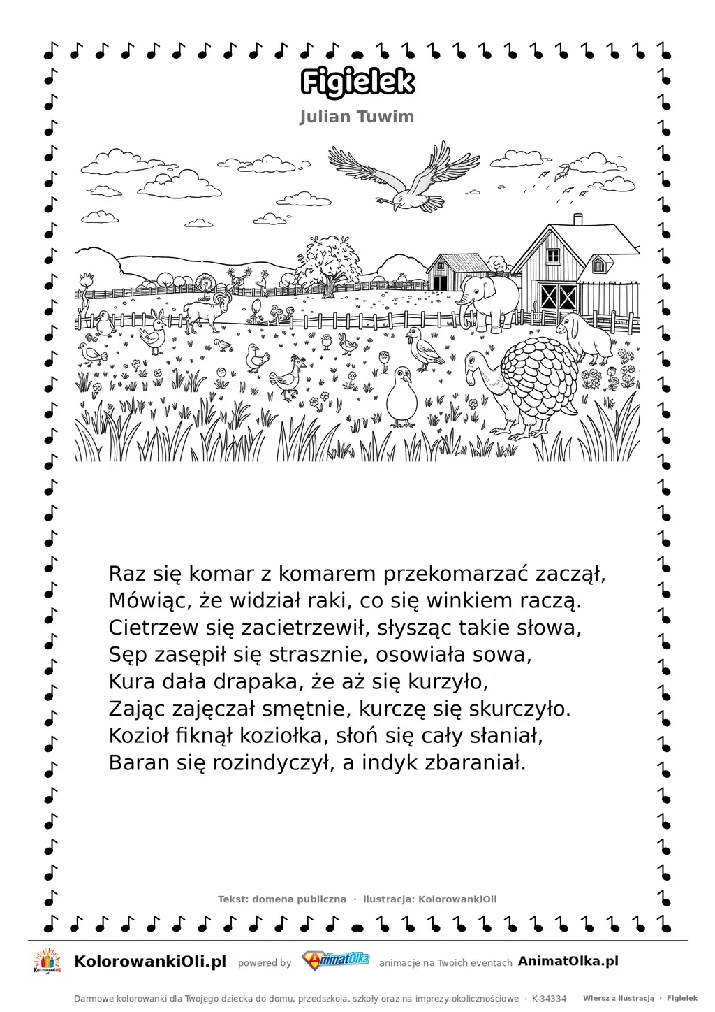 Figielek (Julian Tuwim) — tekst wiersza i ilustracja do kolorowania, karta A4 do druku