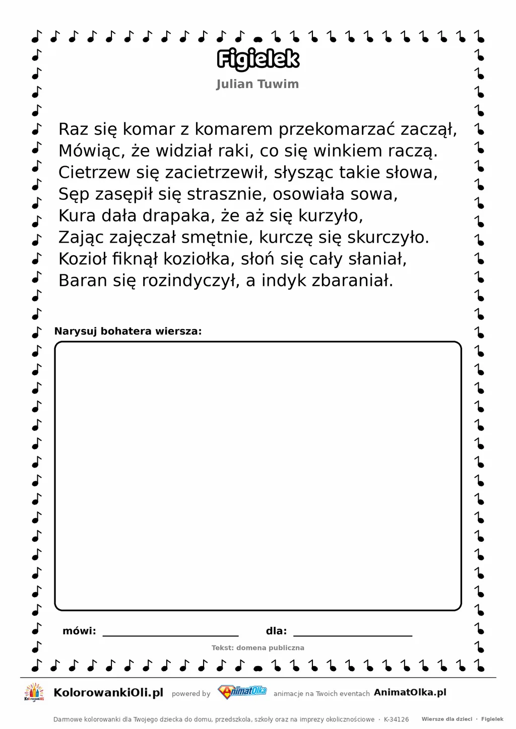 Figielek (Julian Tuwim) — tekst wiersza do druku A4 z ramką do pokolorowania