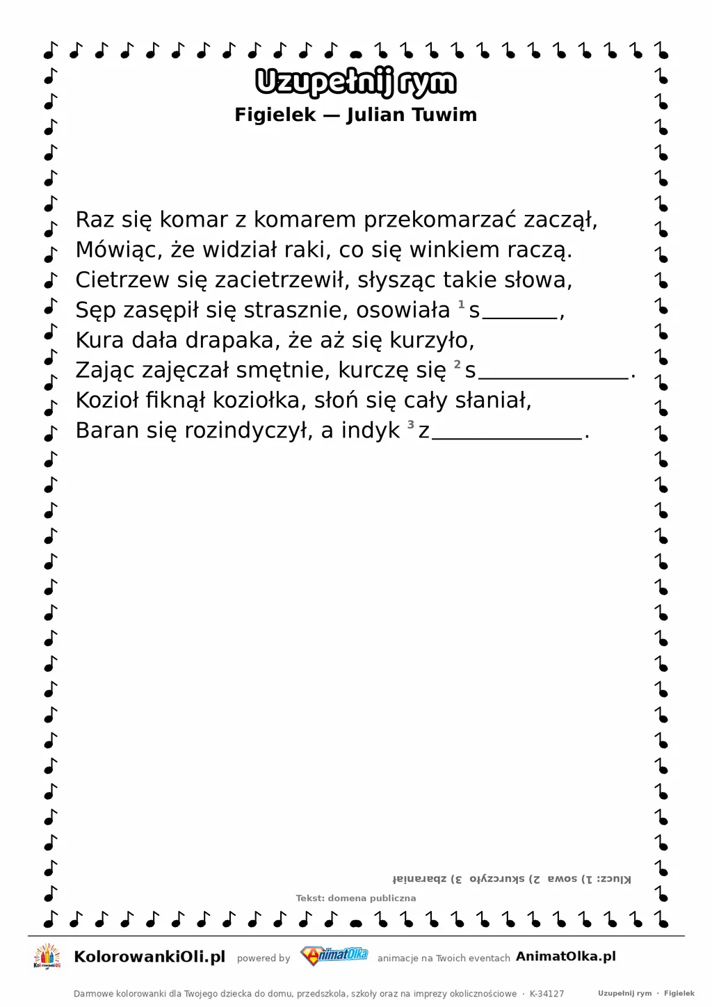 Uzupełnij rym — Figielek (Julian Tuwim): karta pracy z lukami w rymach, A4