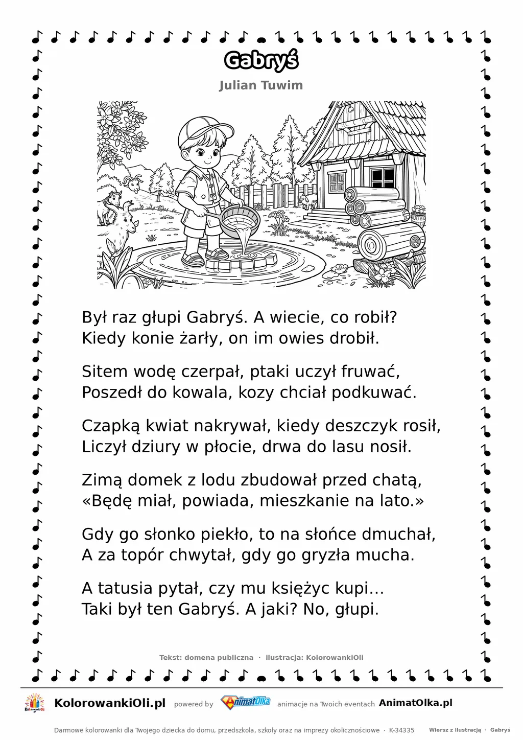 Gabryś (Julian Tuwim) — tekst wiersza i ilustracja do kolorowania, karta A4 do druku