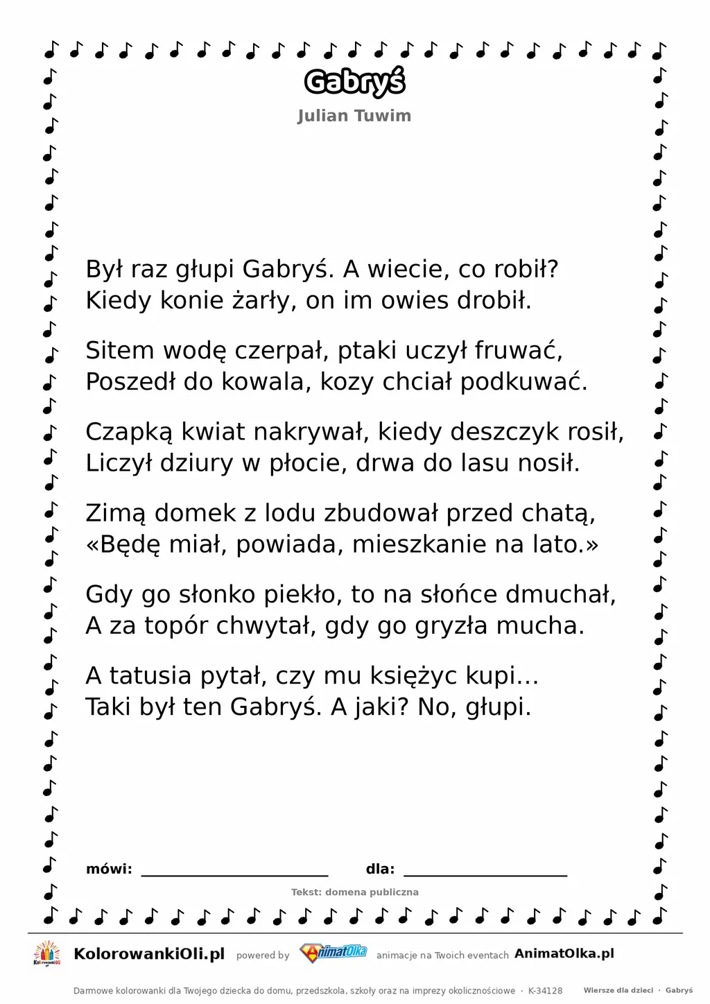 Gabryś (Julian Tuwim) — tekst wiersza do druku A4 z ramką do pokolorowania