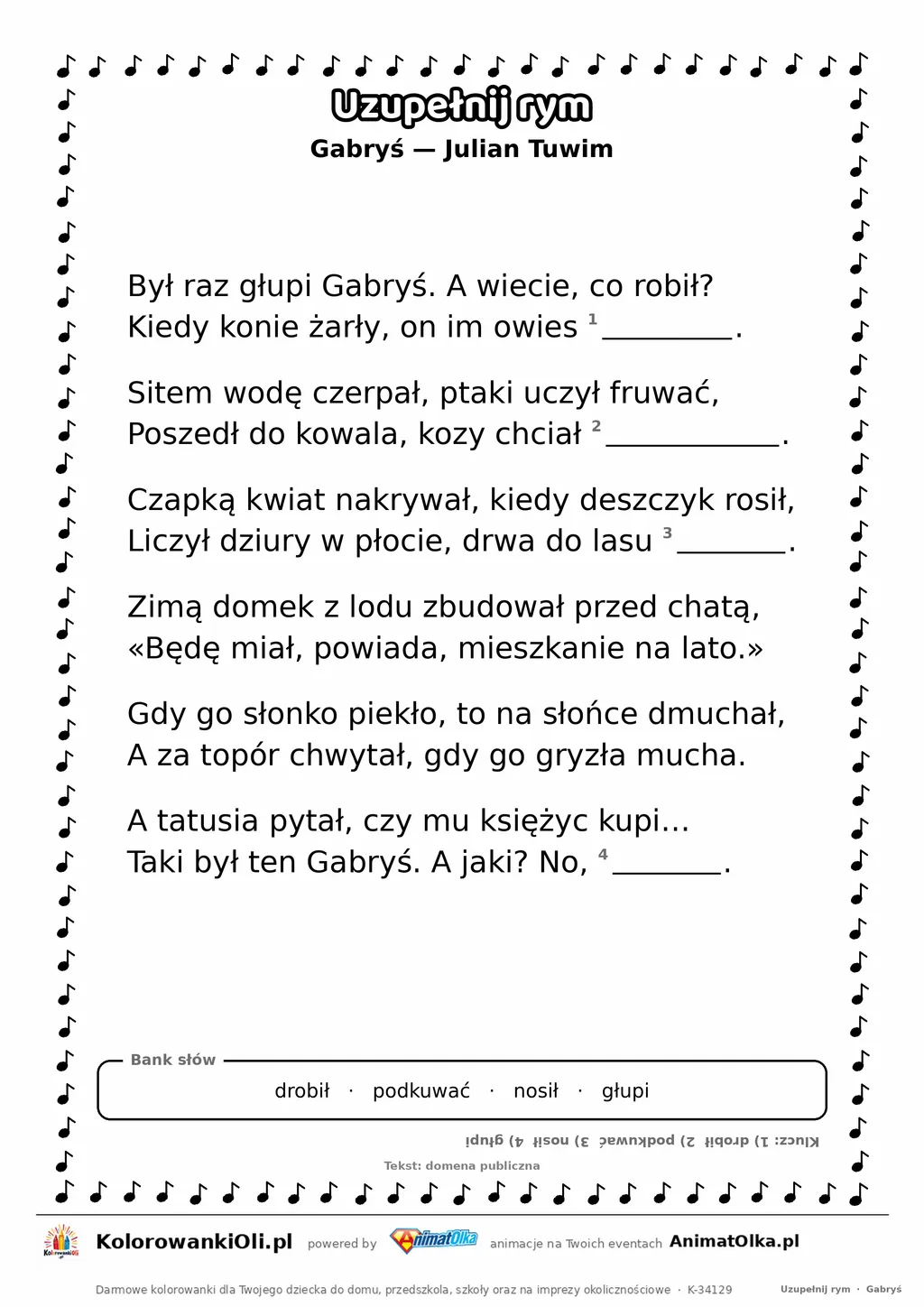 Uzupełnij rym — Gabryś (Julian Tuwim): karta pracy z lukami w rymach, A4