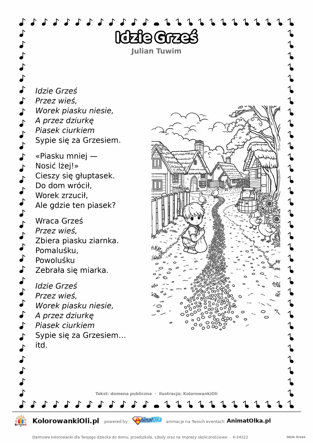 Idzie Grześ (Julian Tuwim) — tekst wiersza i ilustracja do kolorowania, karta A4 do druku