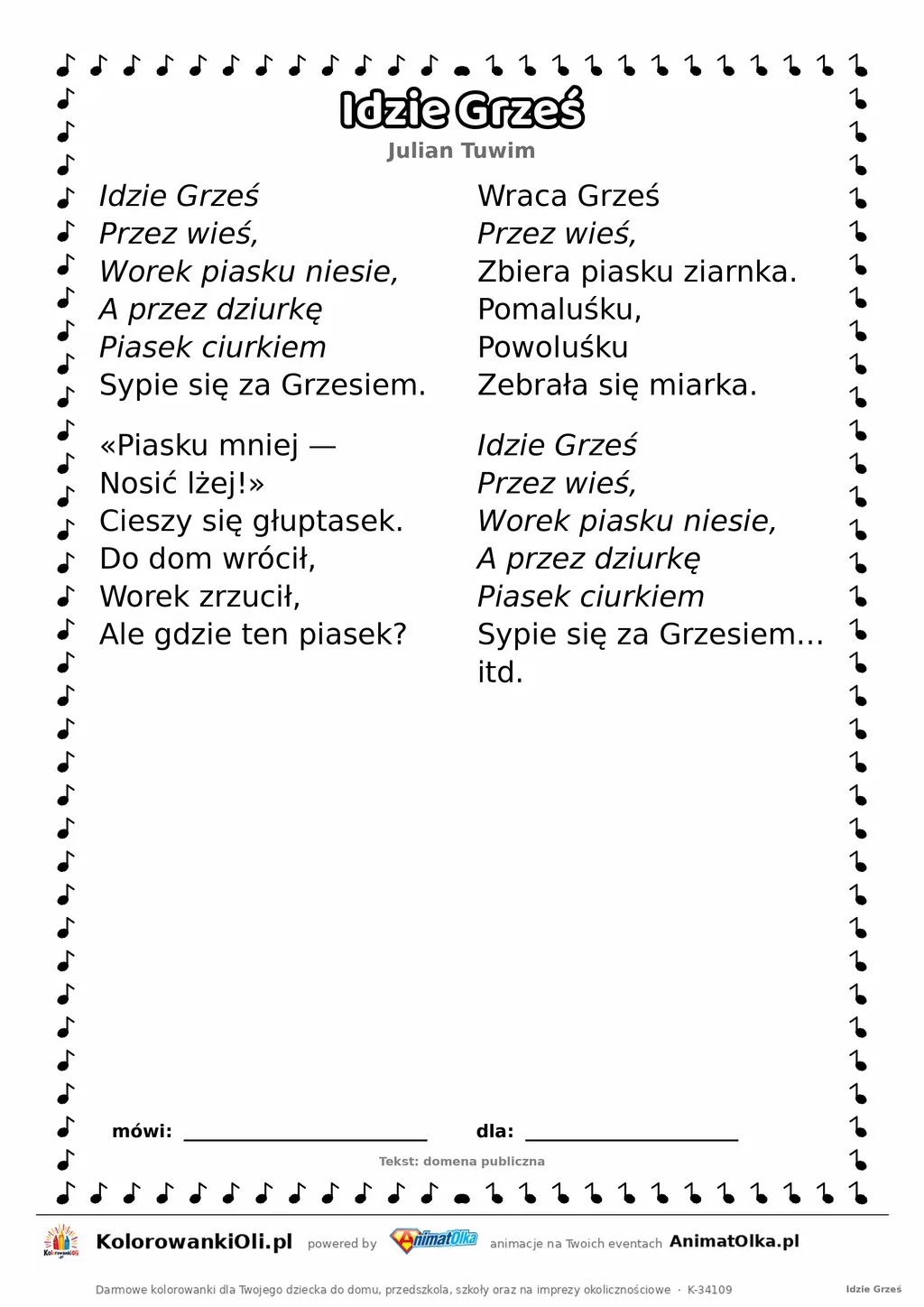 Idzie Grześ (Julian Tuwim) — tekst wiersza do druku A4 z ramką do pokolorowania