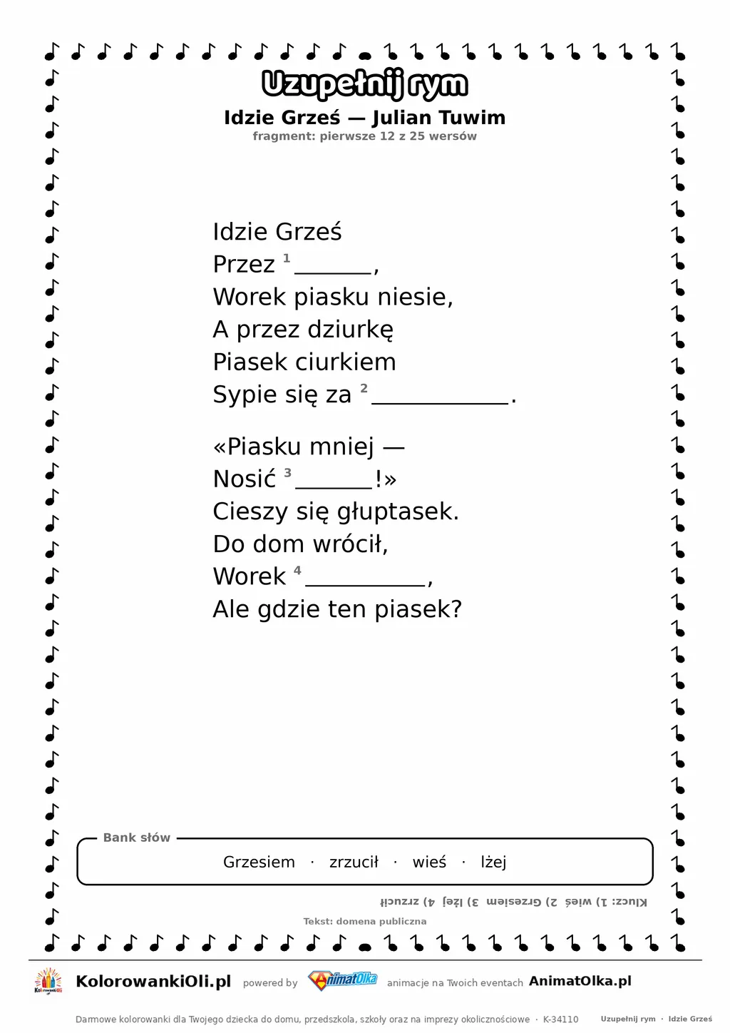 Uzupełnij rym — Idzie Grześ (Julian Tuwim): karta pracy z lukami w rymach, A4