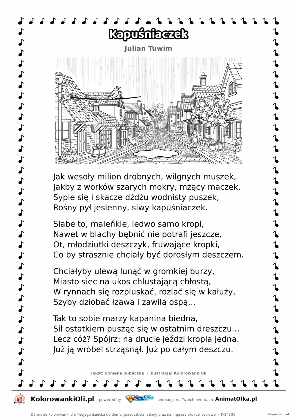 Kapuśniaczek (Julian Tuwim) — tekst wiersza i ilustracja do kolorowania, karta A4 do druku