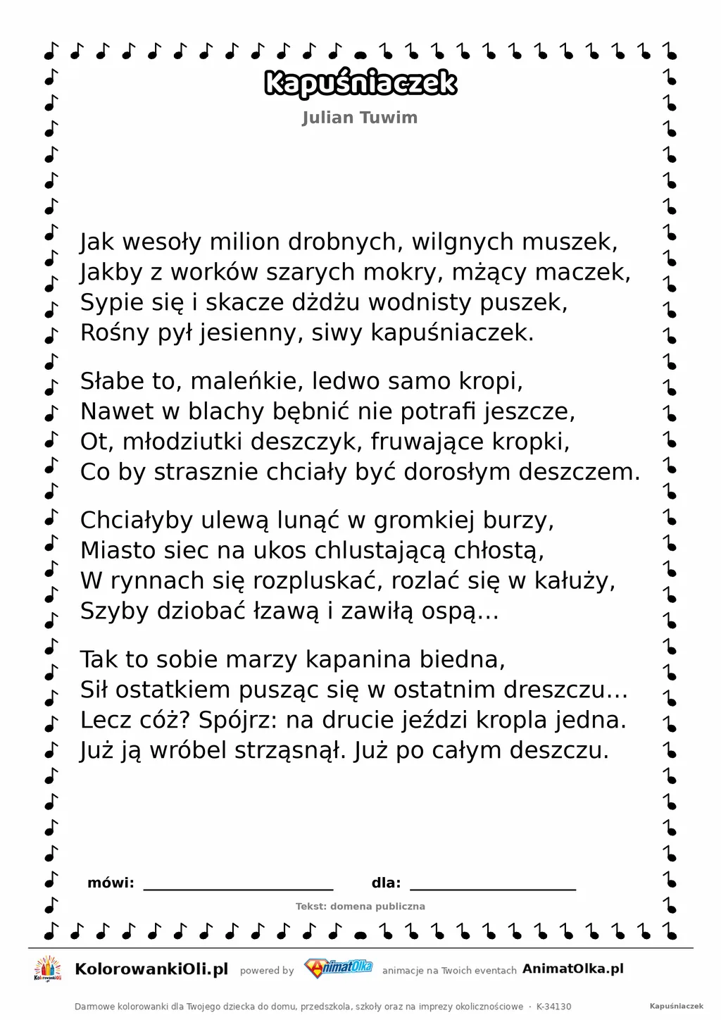 Kapuśniaczek (Julian Tuwim) — tekst wiersza do druku A4 z ramką do pokolorowania