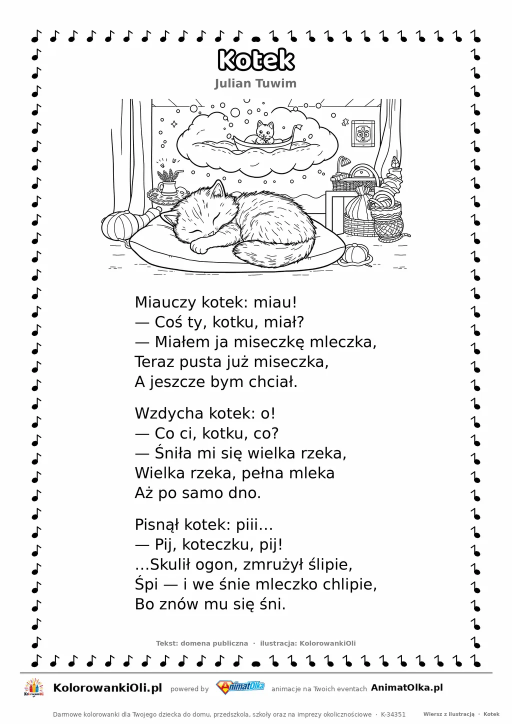 Kotek (Julian Tuwim) — tekst wiersza i ilustracja do kolorowania, karta A4 do druku