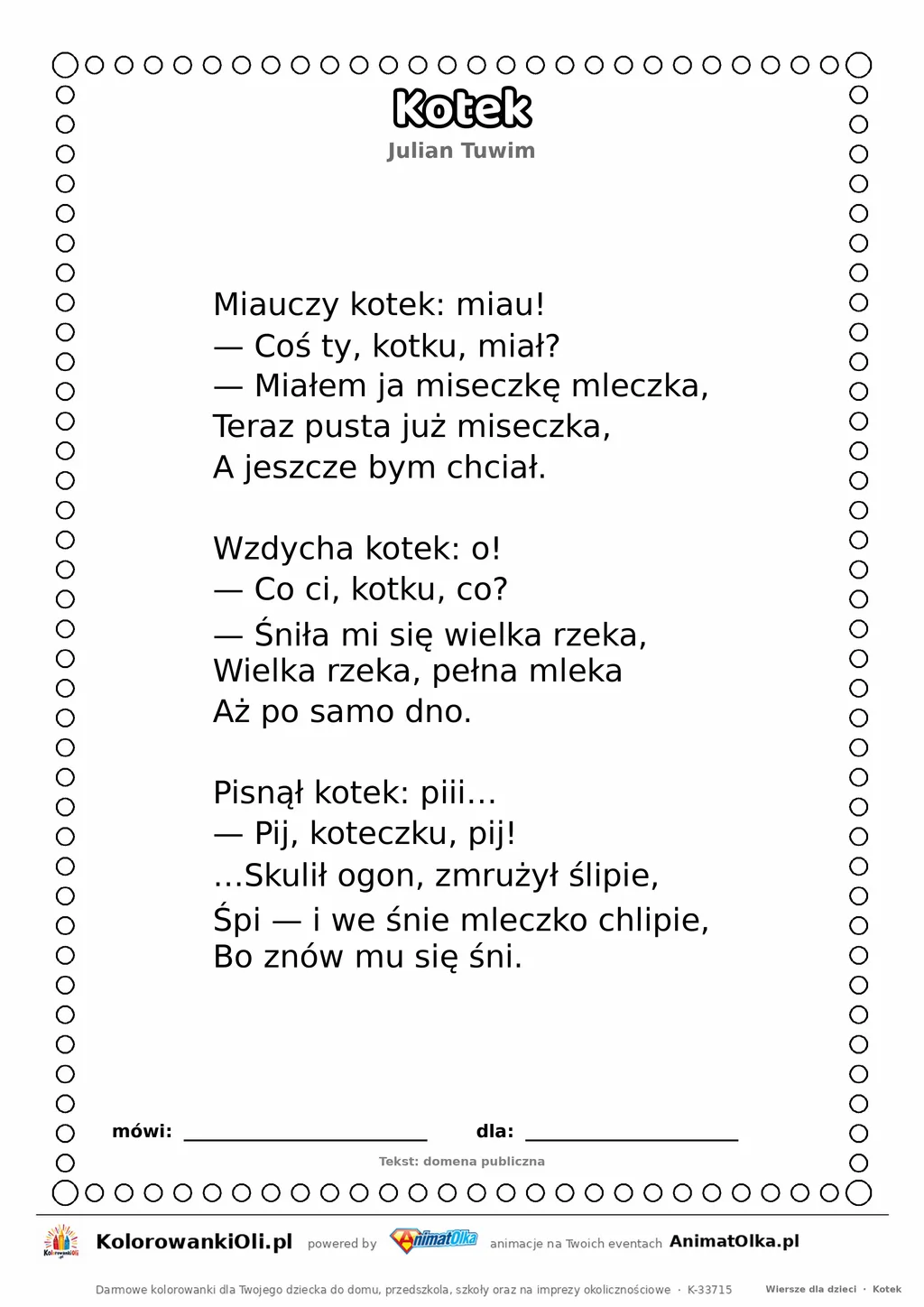 Kotek (Julian Tuwim) — tekst wiersza dla dzieci do druku na A4 z ramką do pokolorowania