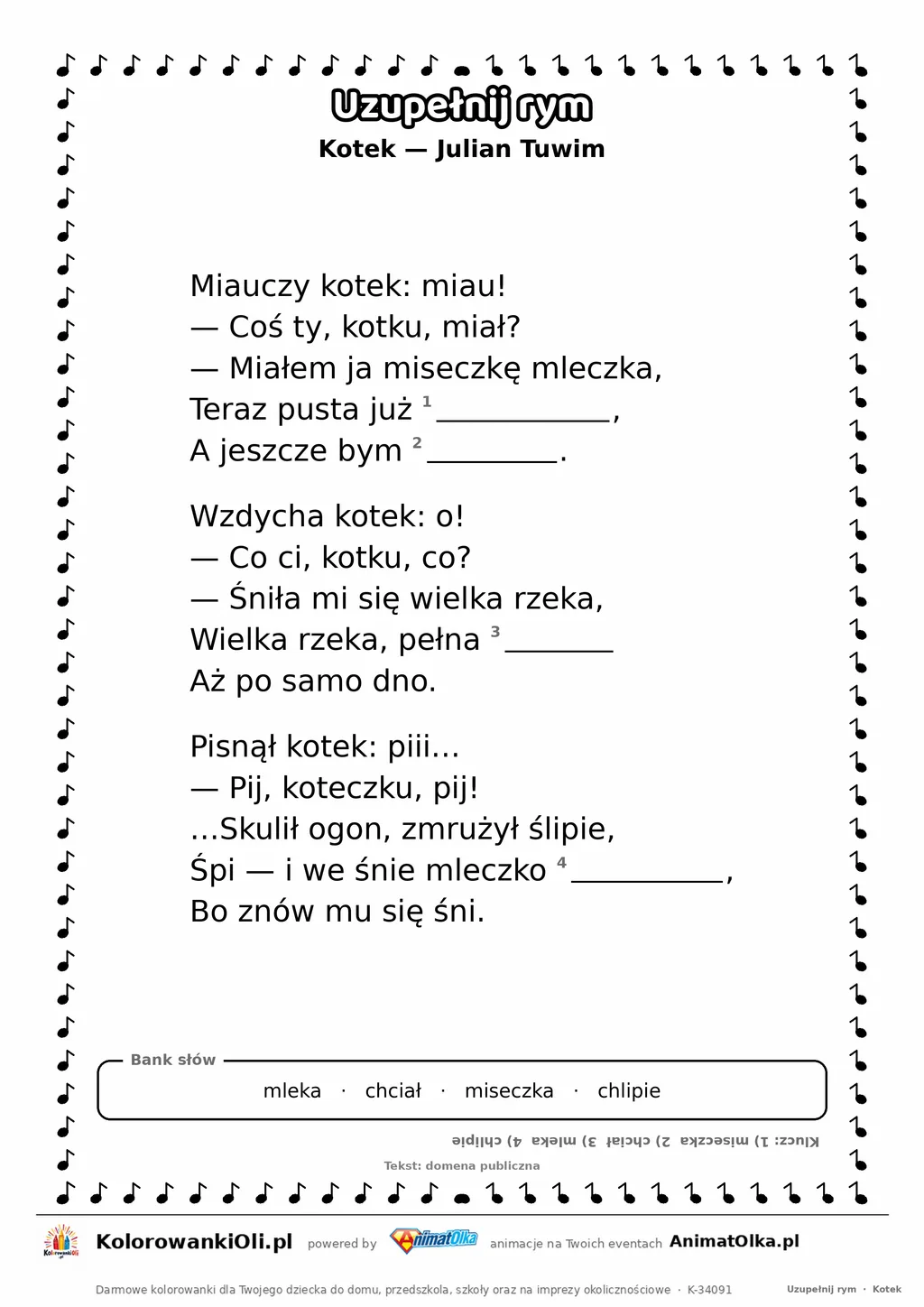 Uzupełnij rym — Kotek (Julian Tuwim): karta pracy z lukami w rymach, A4