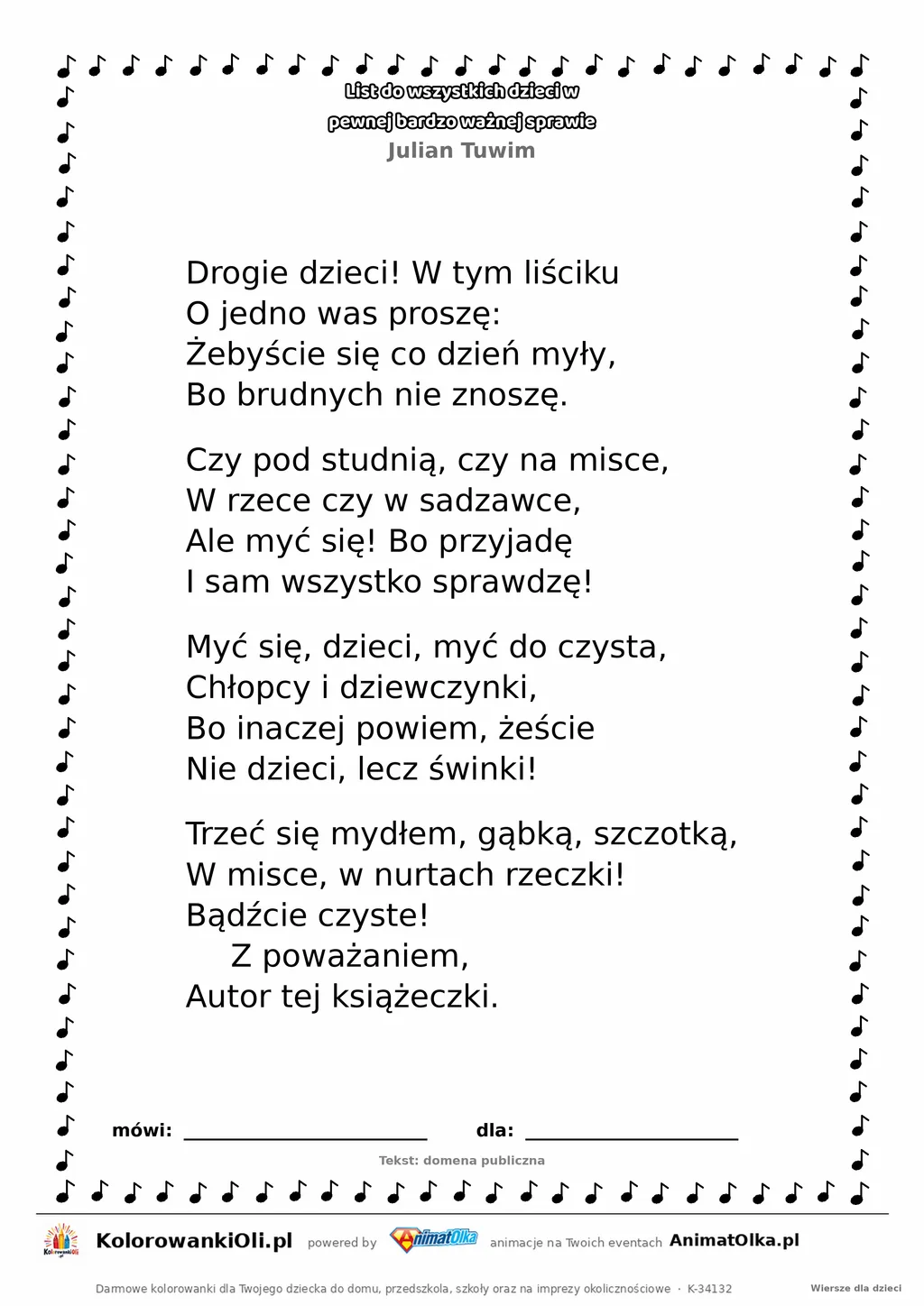 List do wszystkich dzieci (Julian Tuwim) — tekst wiersza do druku A4 z ramką do pokolorowania