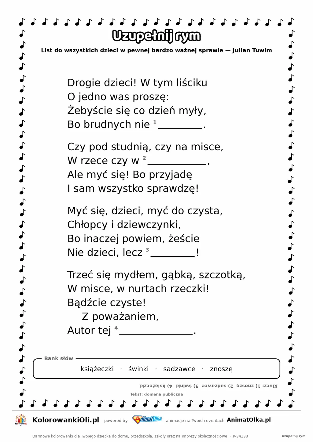 Uzupełnij rym — List do wszystkich dzieci (Julian Tuwim): karta pracy z lukami w rymach, A4