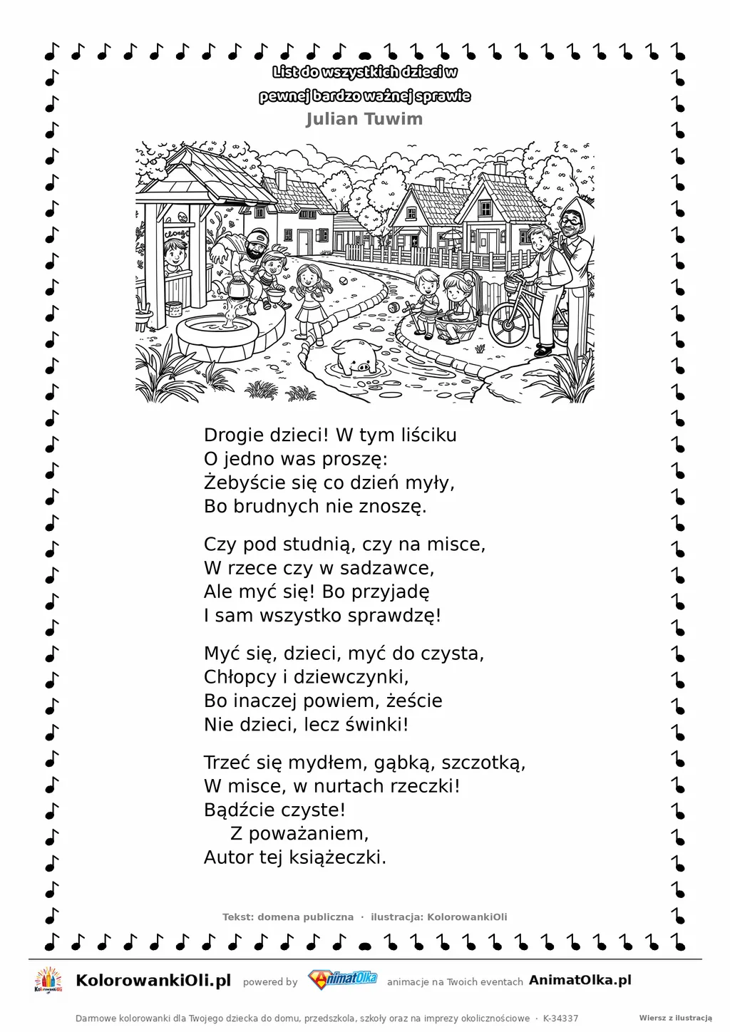 List do wszystkich dzieci w pewnej bardzo ważnej sprawie (Julian Tuwim) — tekst wiersza i ilustracja do kolorowania, karta A4 do druku