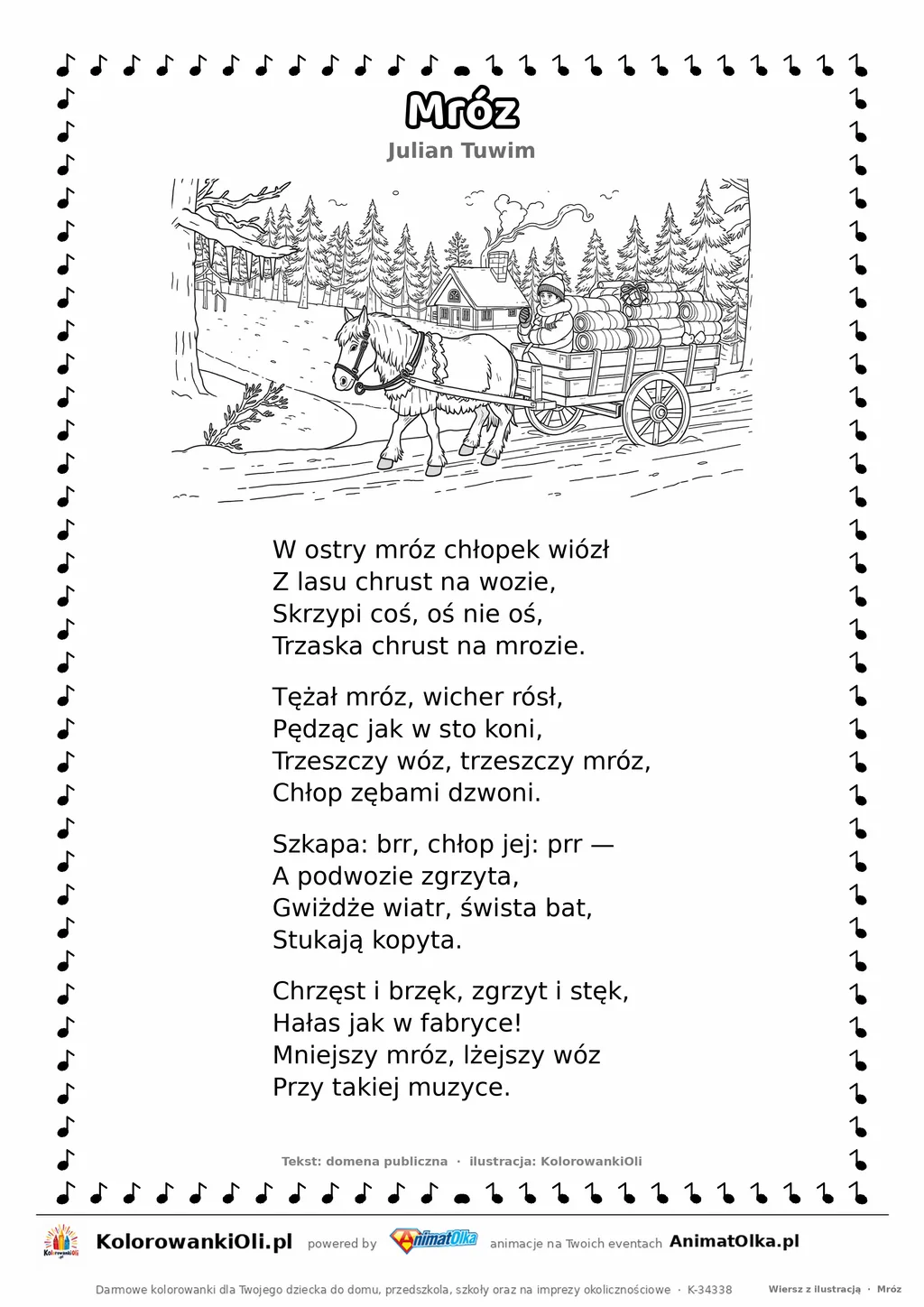 Mróz (Julian Tuwim) — tekst wiersza i ilustracja do kolorowania, karta A4 do druku