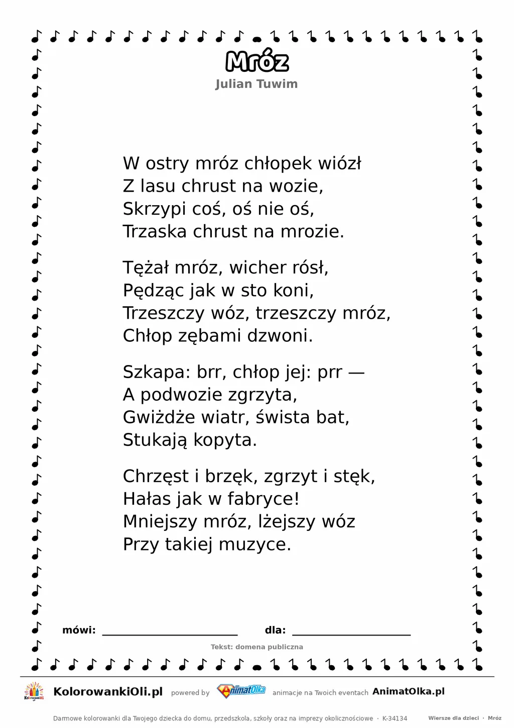 Mróz (Julian Tuwim) — tekst wiersza do druku A4 z ramką do pokolorowania