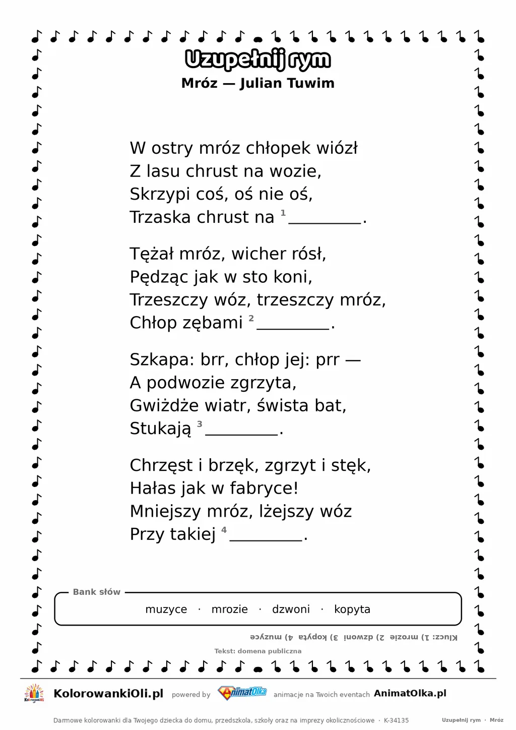 Uzupełnij rym — Mróz (Julian Tuwim): karta pracy z lukami w rymach, A4
