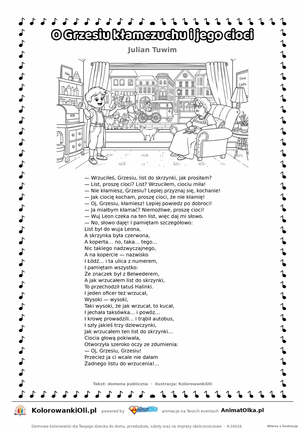 O Grzesiu kłamczuchu i jego cioci (Julian Tuwim) — tekst wiersza i ilustracja do kolorowania, karta A4 do druku