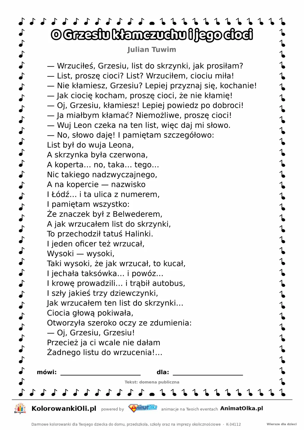 O Grzesiu kłamczuchu i jego cioci (Julian Tuwim) — tekst wiersza do druku A4 z ramką do pokolorowania