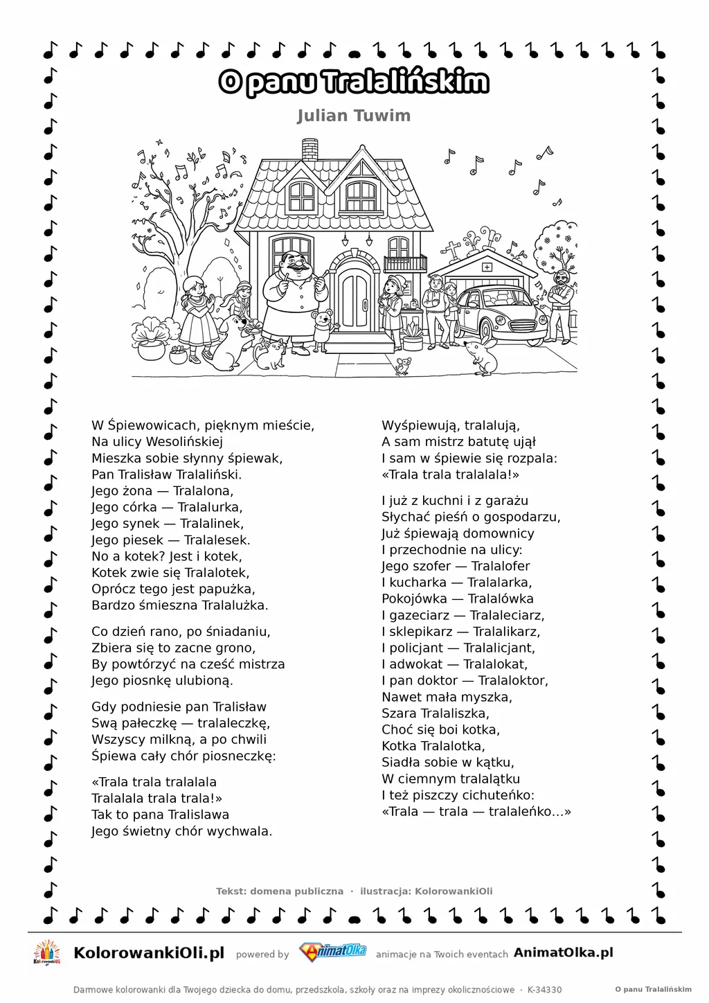 O panu Tralalińskim (Julian Tuwim) — tekst wiersza i ilustracja do kolorowania, karta A4 do druku