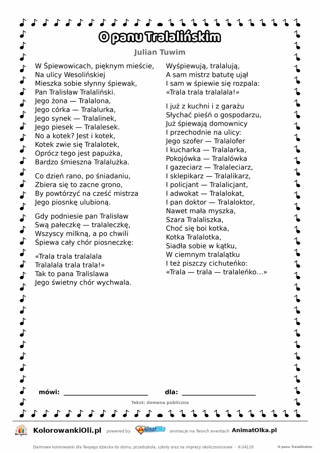 O panu Tralalińskim (Julian Tuwim) — tekst wiersza do druku A4 z ramką do pokolorowania